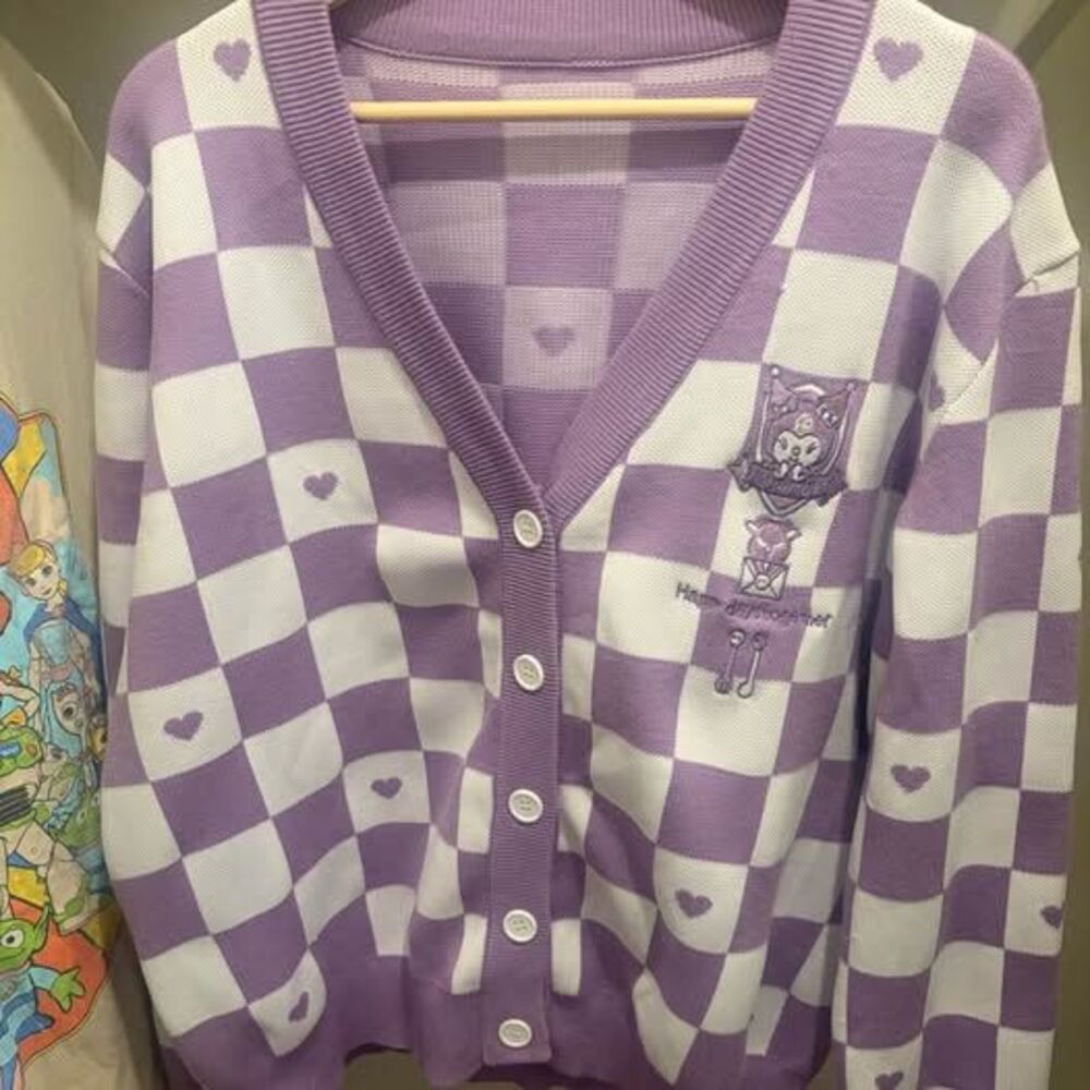 Sanrio Kuromi Purple Checkered Cardigan Sweater